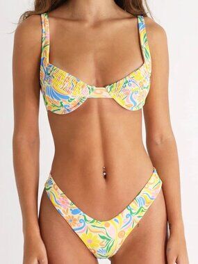 NWOT AURELLE Marseille Yellow Floral Balconette Thong Bikini Set, Size S